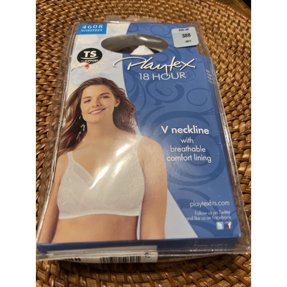 NEW 4608 WHITE PLAYTEX 18 HOUR V Neck  Breathable Lining WIRE FREE 38B